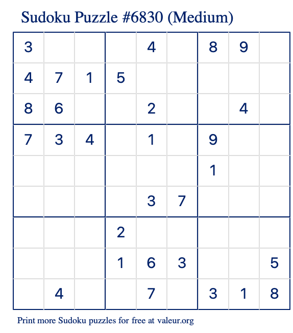 Free Printable Medium Sudoku Puzzle number 6830