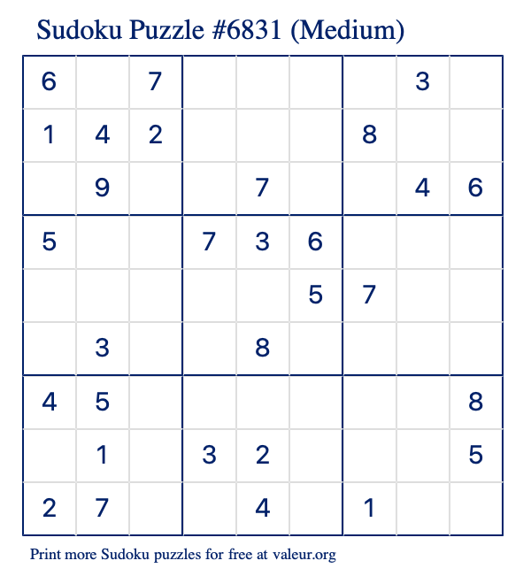 Free Printable Medium Sudoku Puzzle number 6831