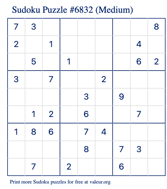 Free Printable Medium Sudoku Puzzle number 6832
