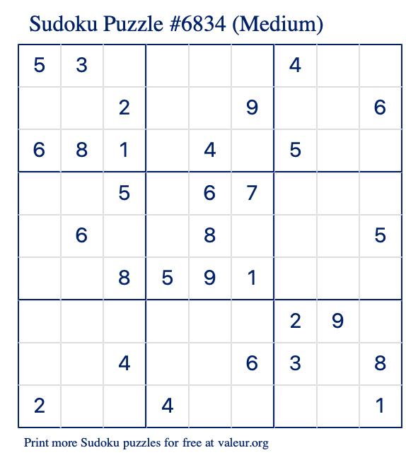 Free Printable Medium Sudoku Puzzle number 6834