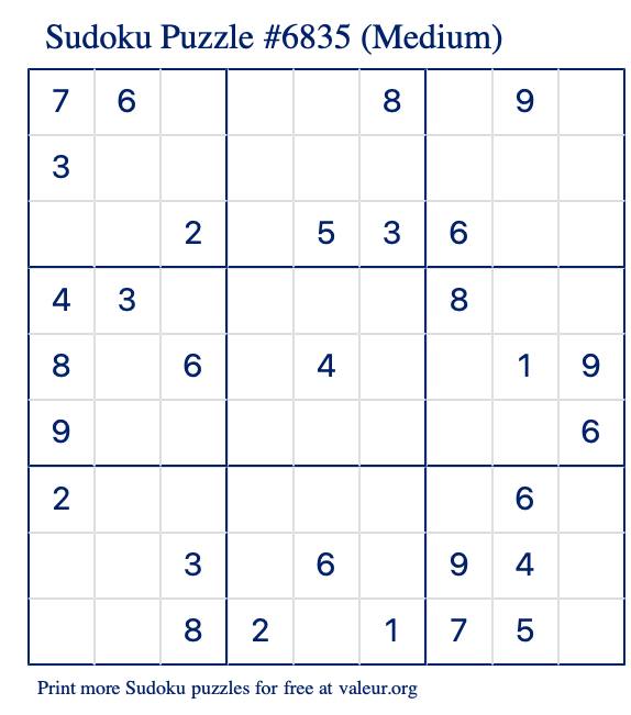 Free Printable Medium Sudoku Puzzle number 6835