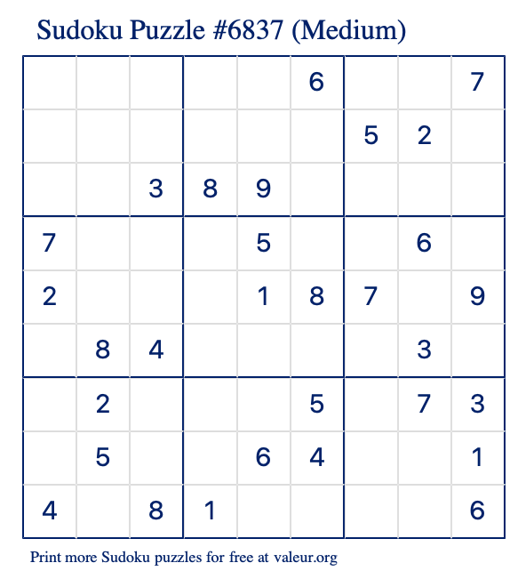 Free Printable Medium Sudoku Puzzle number 6837