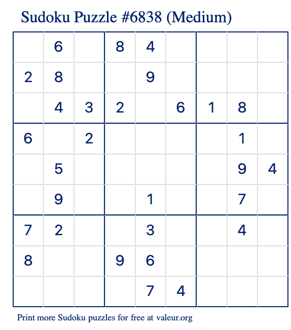 Free Printable Medium Sudoku Puzzle number 6838
