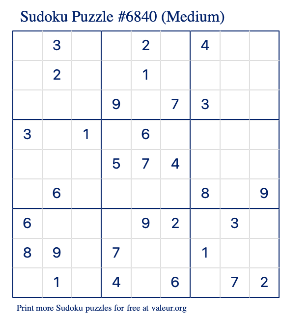 Free Printable Medium Sudoku Puzzle number 6840