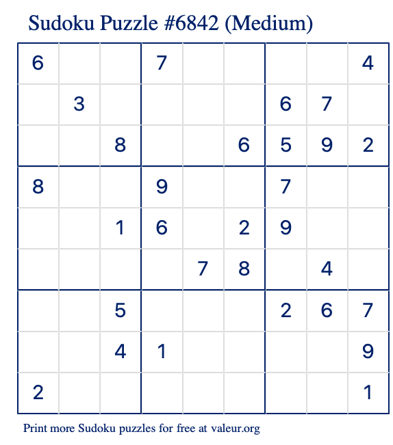 Free Printable Medium Sudoku Puzzle number 6842