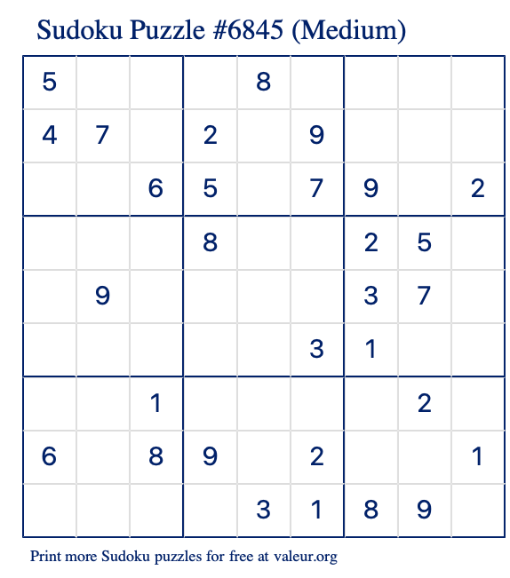 Free Printable Medium Sudoku Puzzle number 6845