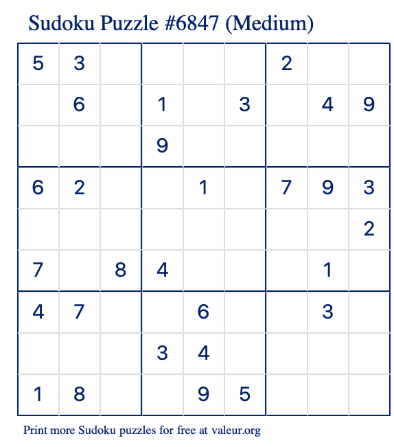 Free Printable Medium Sudoku Puzzle number 6847