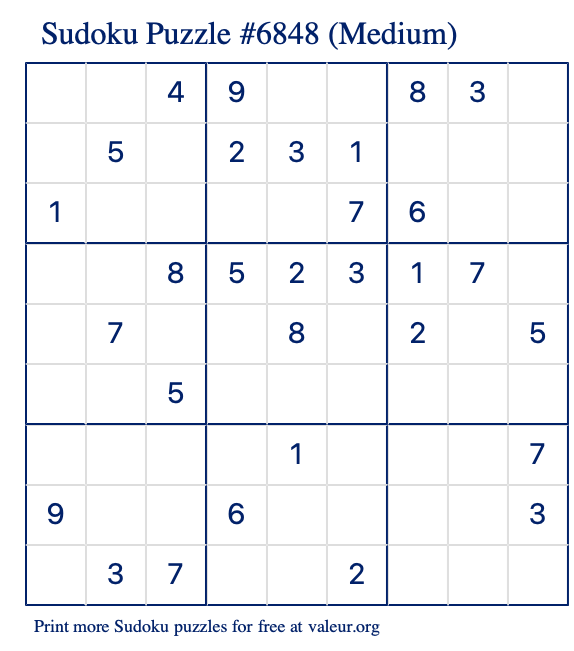 Free Printable Medium Sudoku Puzzle number 6848