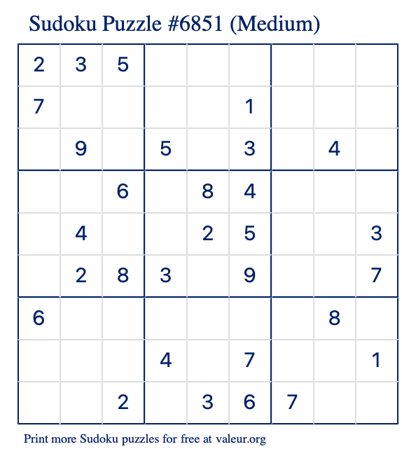 Free Printable Medium Sudoku Puzzle number 6851
