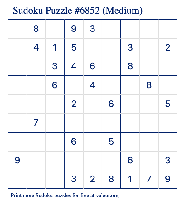 Free Printable Medium Sudoku Puzzle number 6852