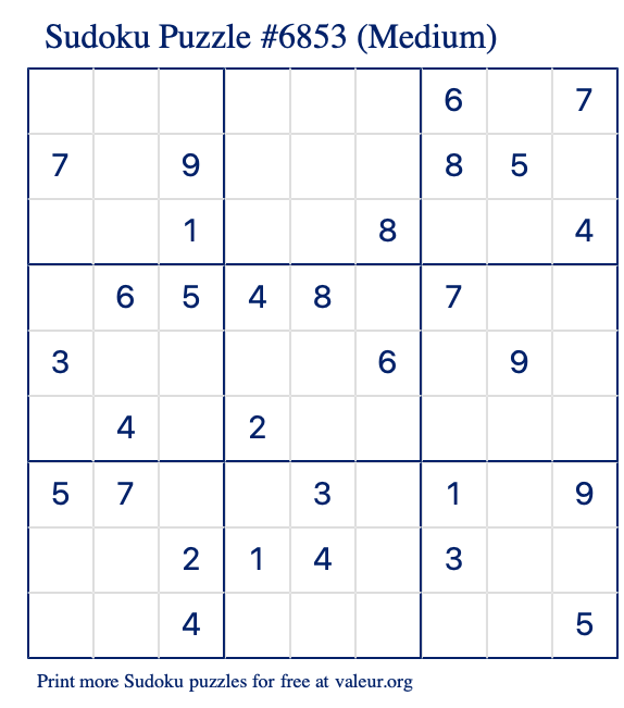 Free Printable Medium Sudoku Puzzle number 6853