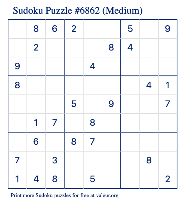 Free Printable Medium Sudoku Puzzle number 6862