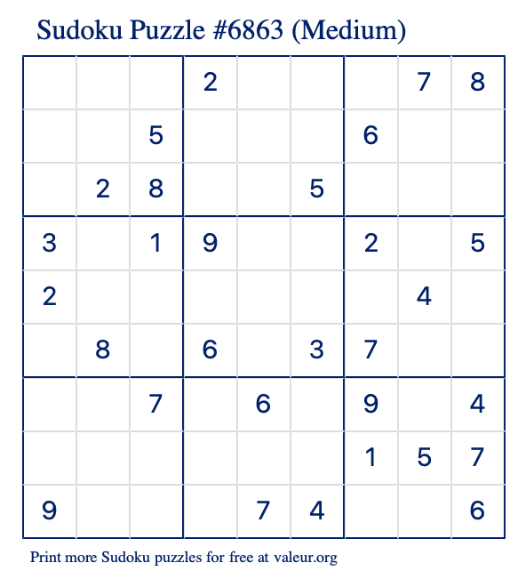 Free Printable Medium Sudoku Puzzle number 6863