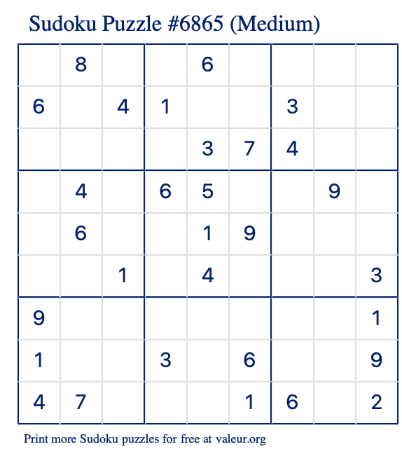 Free Printable Medium Sudoku Puzzle number 6865