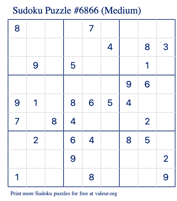 Free Printable Medium Sudoku Puzzle number 6866
