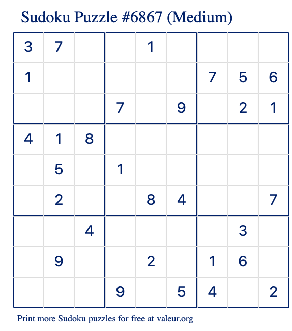 Free Printable Medium Sudoku Puzzle number 6867