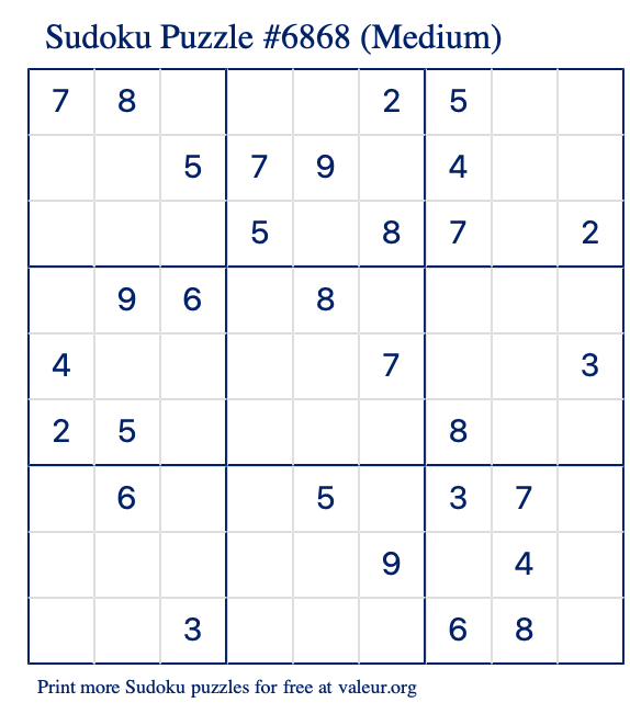 Free Printable Medium Sudoku Puzzle number 6868