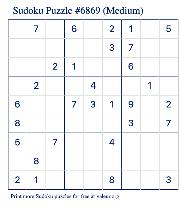 Free Printable Medium Sudoku Puzzle number 6869