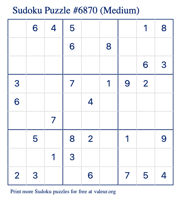 Free Printable Medium Sudoku Puzzle number 6870