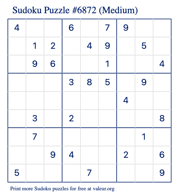 Free Printable Medium Sudoku Puzzle number 6872
