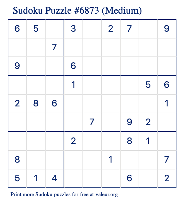 Free Printable Medium Sudoku Puzzle number 6873