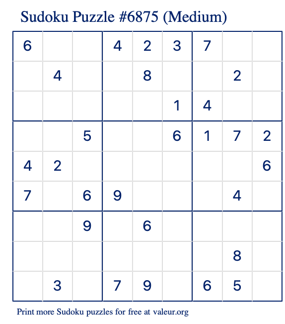 Free Printable Medium Sudoku Puzzle number 6875