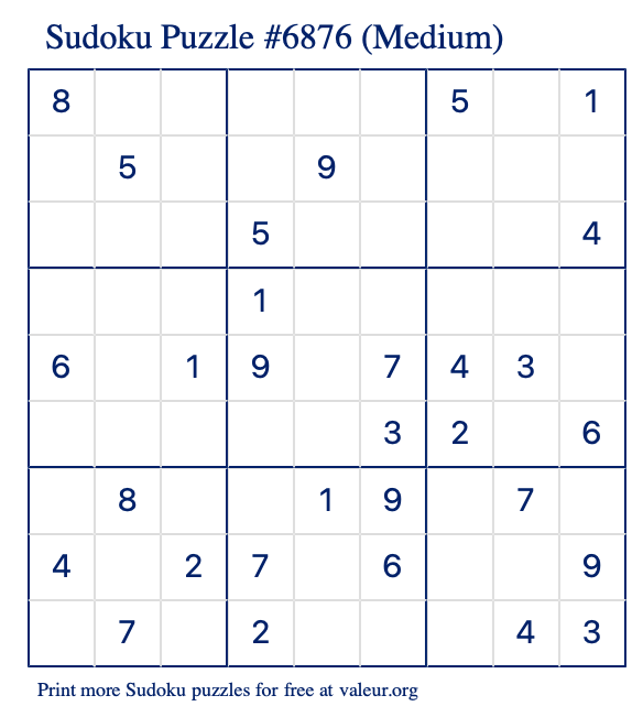 Free Printable Medium Sudoku Puzzle number 6876