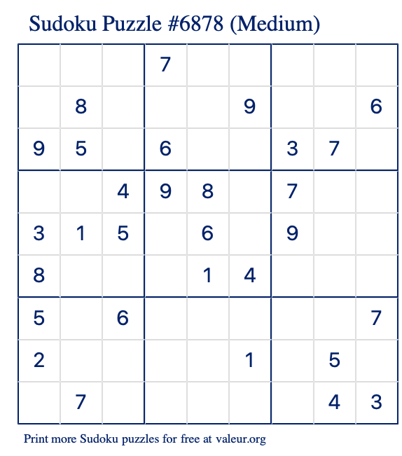 Free Printable Medium Sudoku Puzzle number 6878