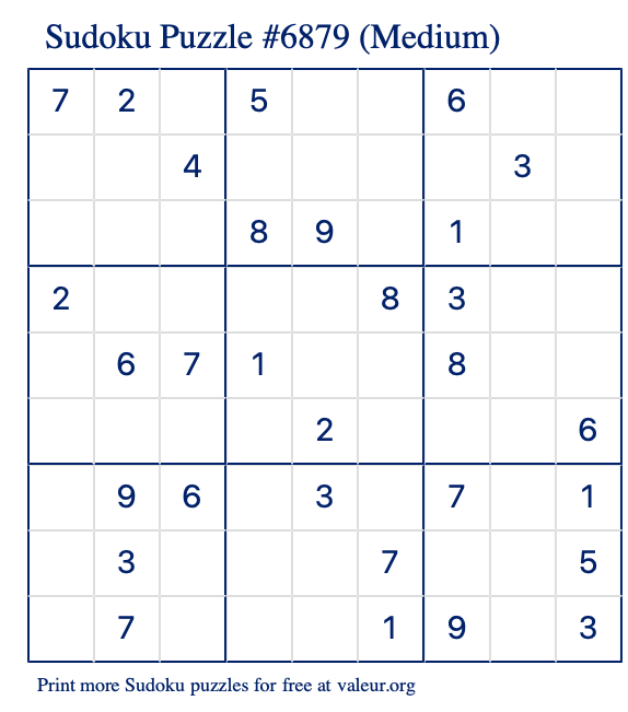 Free Printable Medium Sudoku Puzzle number 6879
