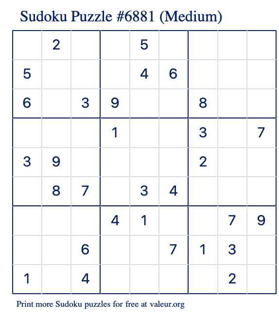 Free Printable Medium Sudoku Puzzle number 6881