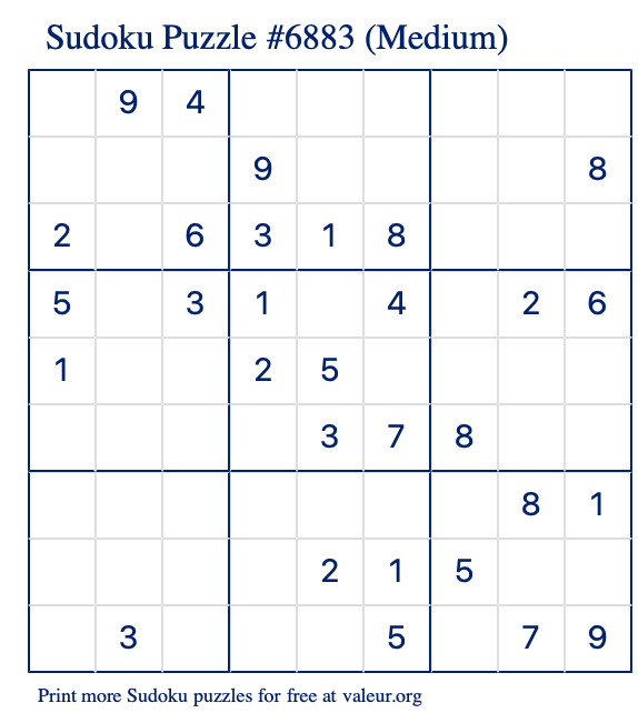 Free Printable Medium Sudoku Puzzle number 6883