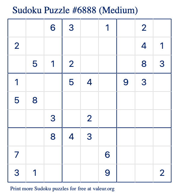 Free Printable Medium Sudoku Puzzle number 6888