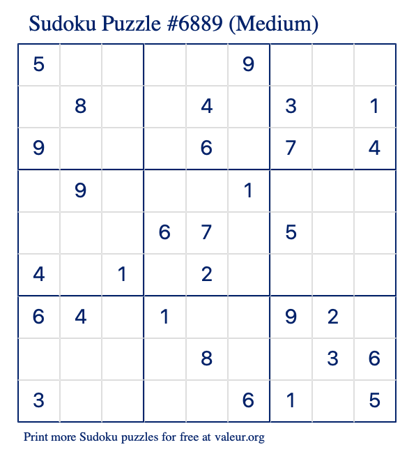 Free Printable Medium Sudoku Puzzle number 6889