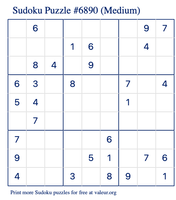 Free Printable Medium Sudoku Puzzle number 6890