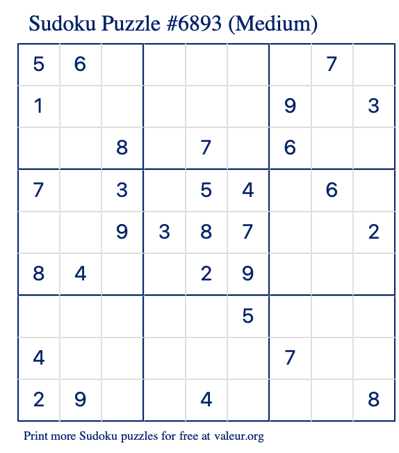 Free Printable Medium Sudoku Puzzle number 6893