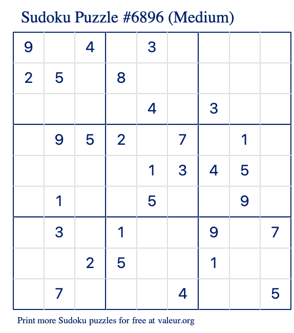 Free Printable Medium Sudoku Puzzle number 6896