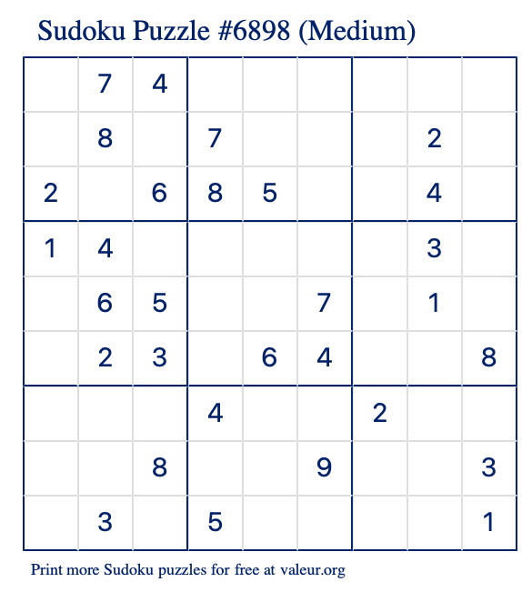 Free Printable Medium Sudoku Puzzle number 6898
