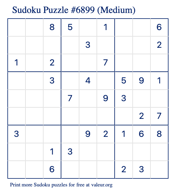 Free Printable Medium Sudoku Puzzle number 6899