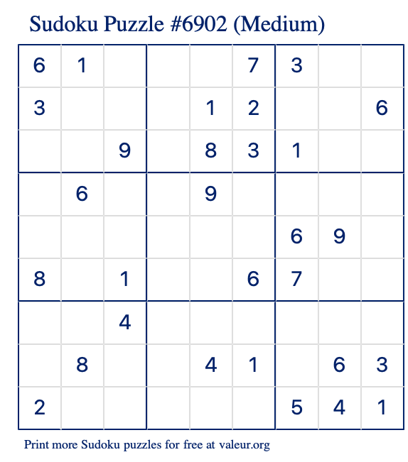 Free Printable Medium Sudoku Puzzle number 6902