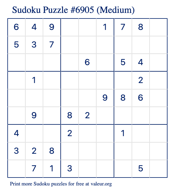 Free Printable Medium Sudoku Puzzle number 6905