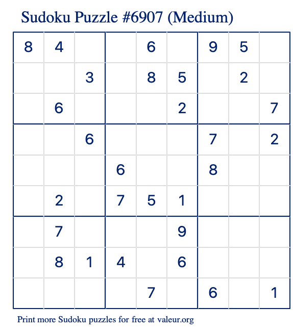 Free Printable Medium Sudoku Puzzle number 6907