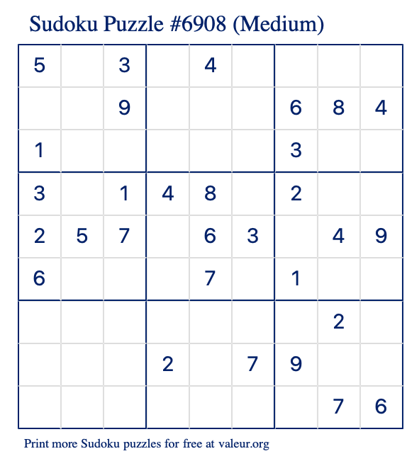 Free Printable Medium Sudoku Puzzle number 6908