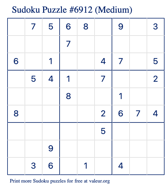 Free Printable Medium Sudoku Puzzle number 6912