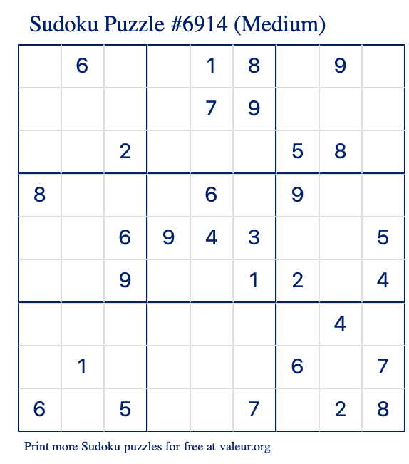 Free Printable Medium Sudoku Puzzle number 6914