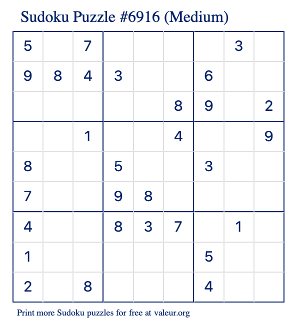 Free Printable Medium Sudoku Puzzle number 6916