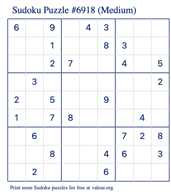 Free Printable Medium Sudoku Puzzle number 6918