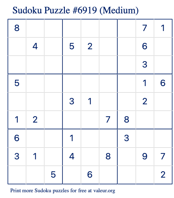 Free Printable Medium Sudoku Puzzle number 6919