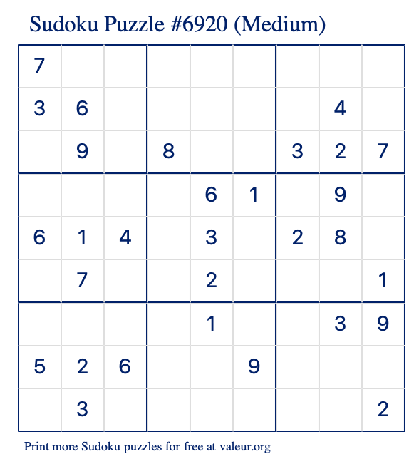Free Printable Medium Sudoku Puzzle number 6920