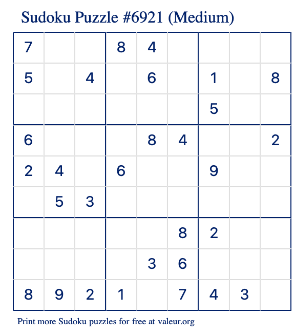 Free Printable Medium Sudoku Puzzle number 6921
