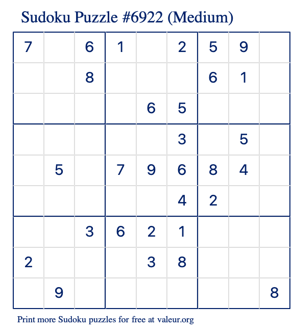 Free Printable Medium Sudoku Puzzle number 6922